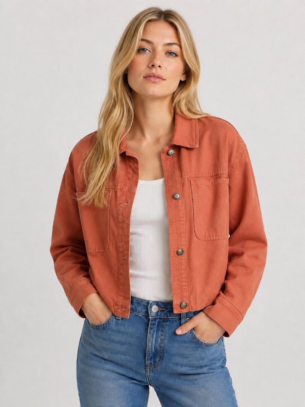 Nine West Burnt Orange Button Front Pocketed Denim Jacket Loose Fit Size Medium